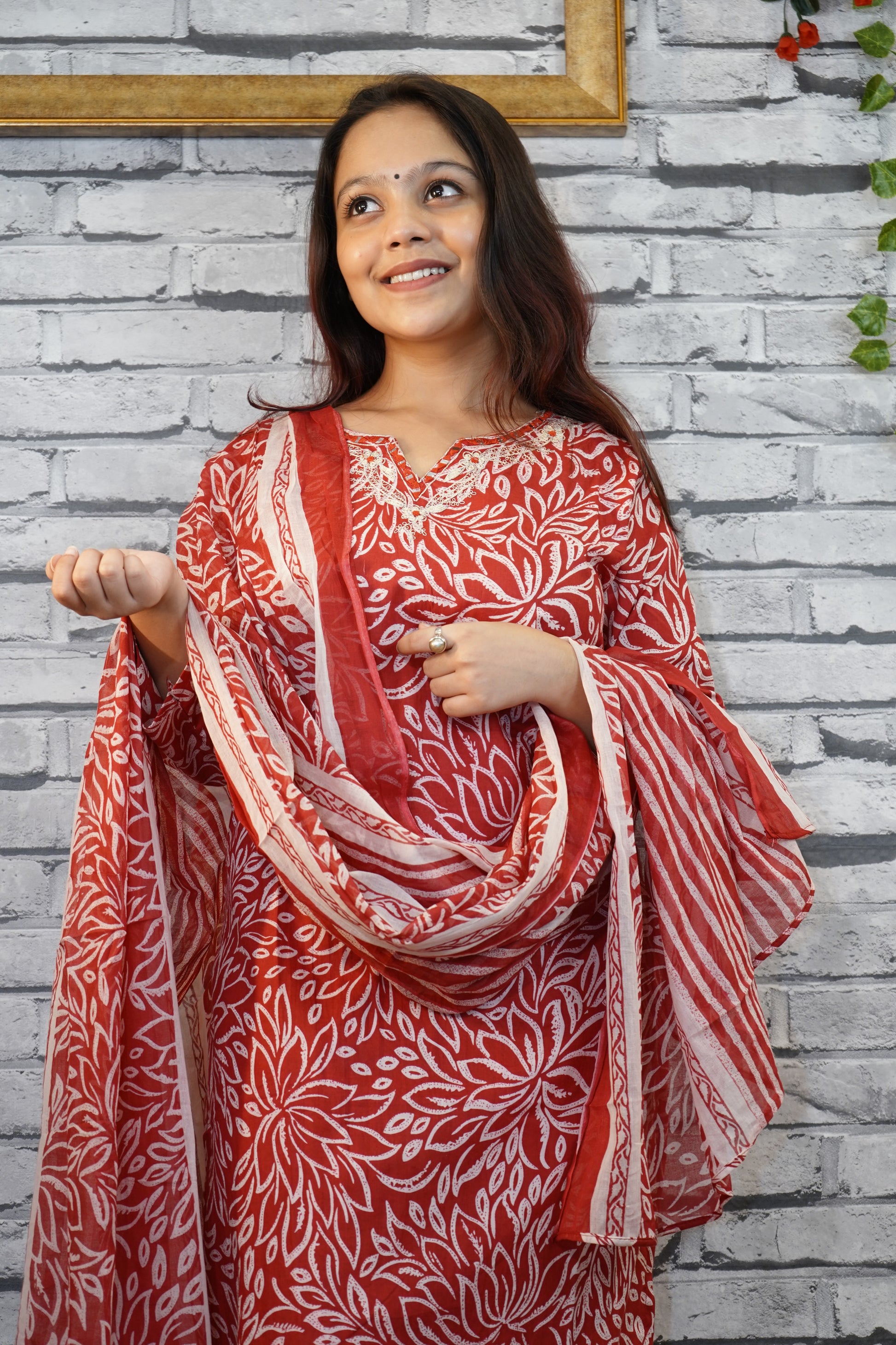 Rust Red Cotton Kurta with White Hand Block Floral Print