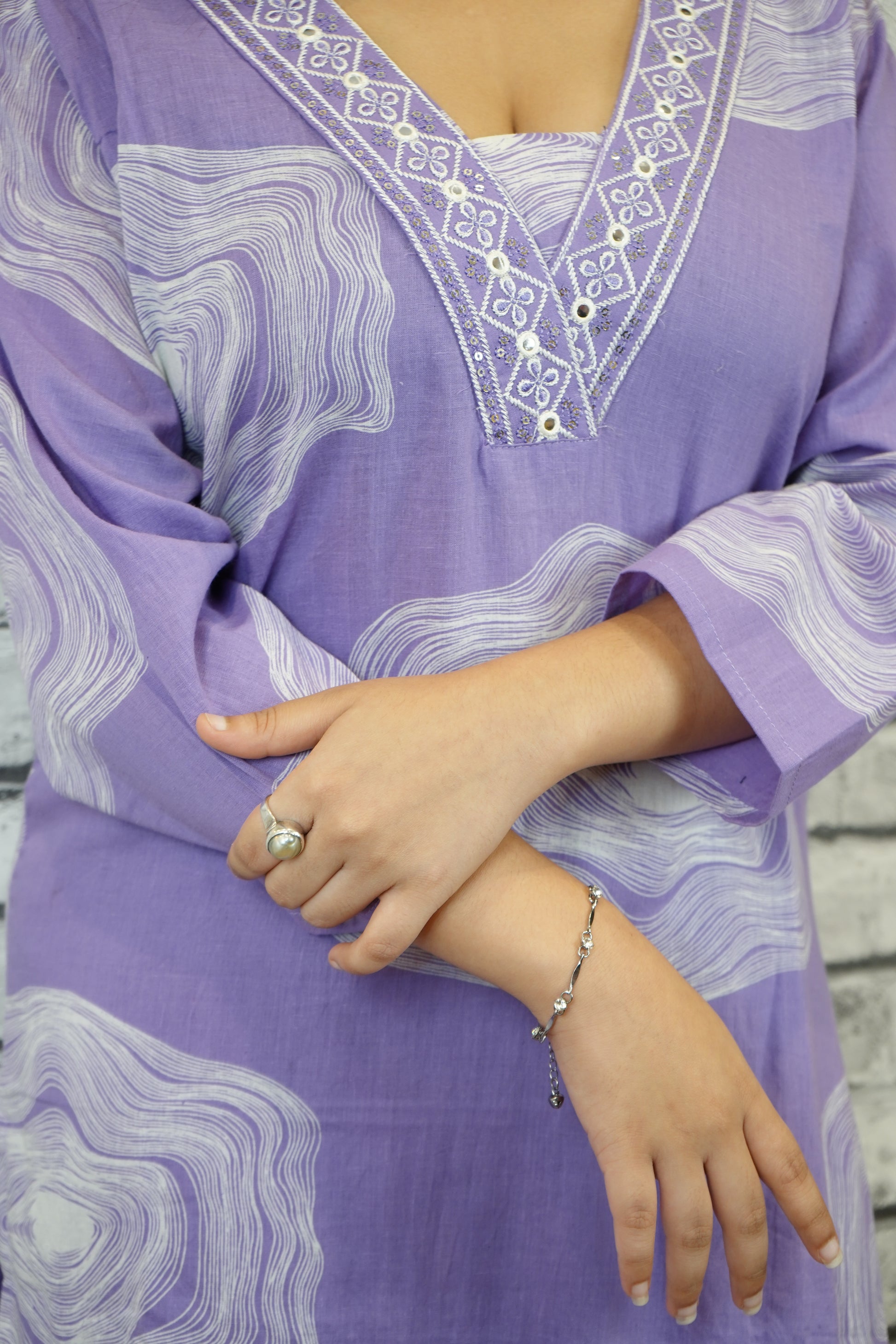 Lavender Printed Cotton Suit Set, Summer Wear for Women