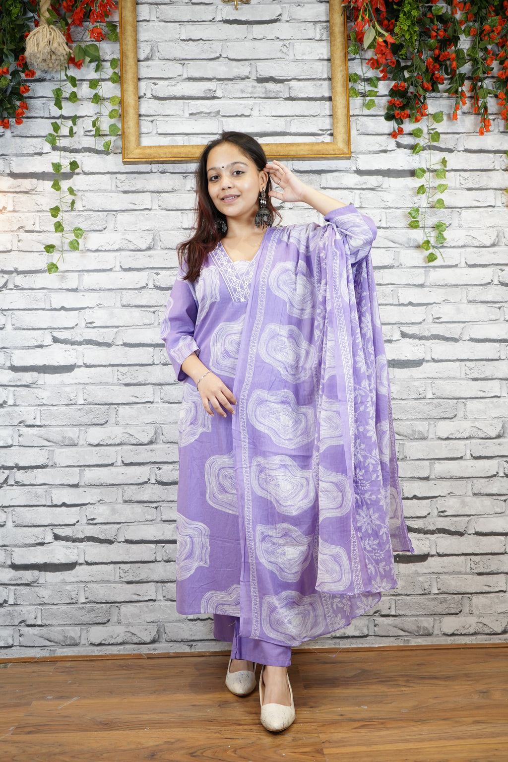 Lavender Printed Cotton Suit Set, Summer Wear for Women