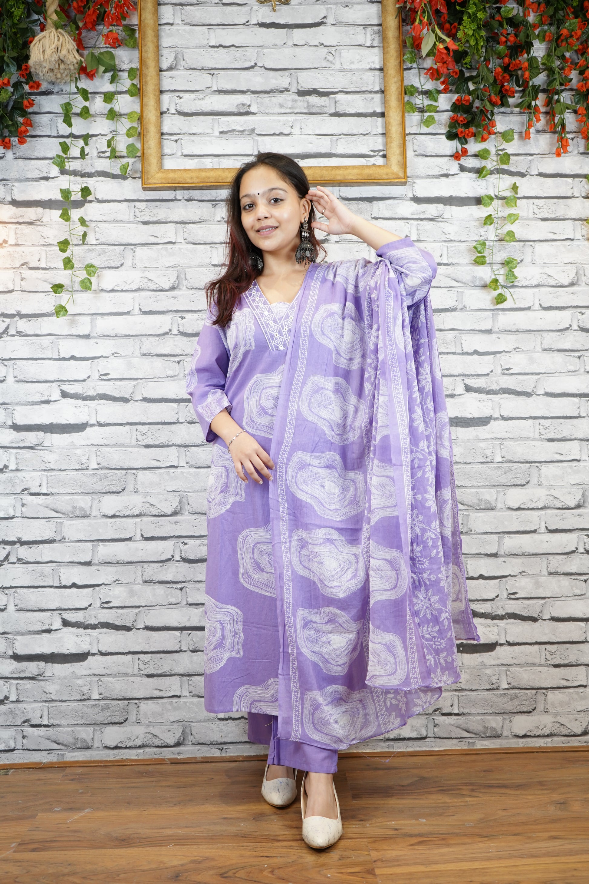 Lavender Printed Cotton Suit Set, Summer Wear for Women