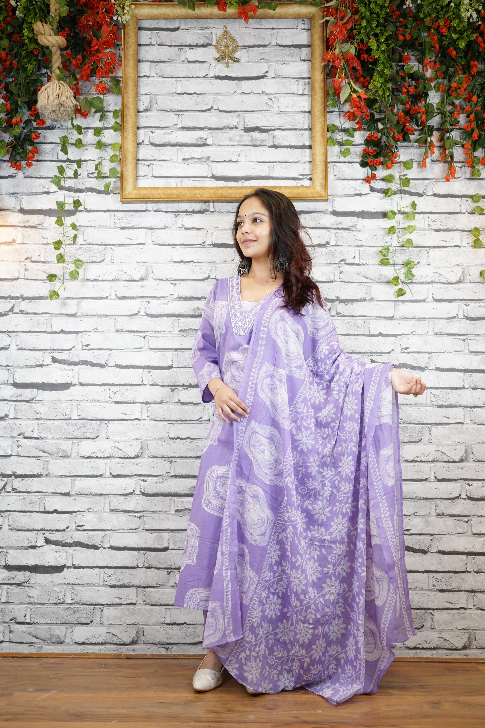 Lavender Printed Cotton Suit Set, Summer Wear for Women