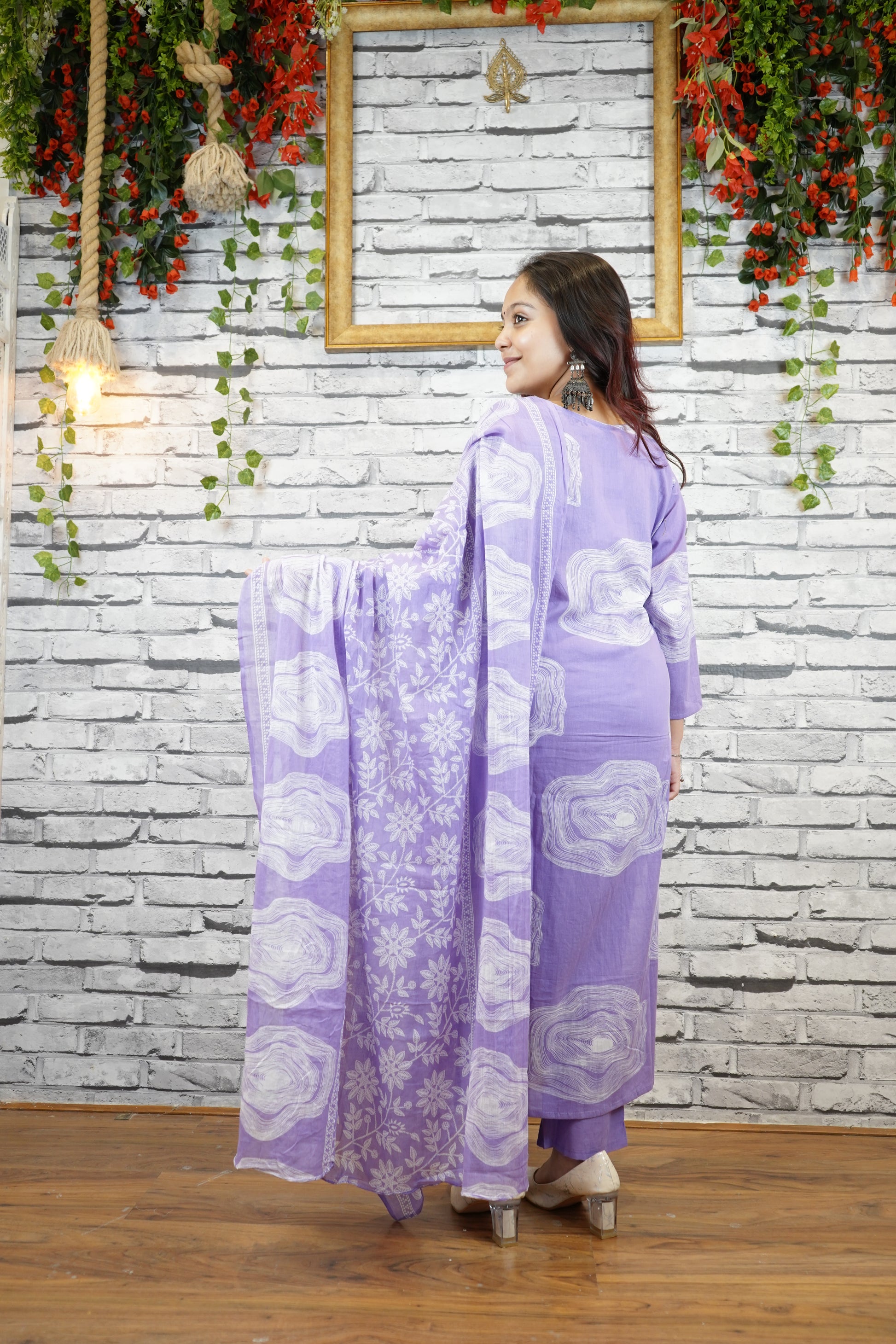 Lavender Printed Cotton Suit Set, Summer Wear for Women
