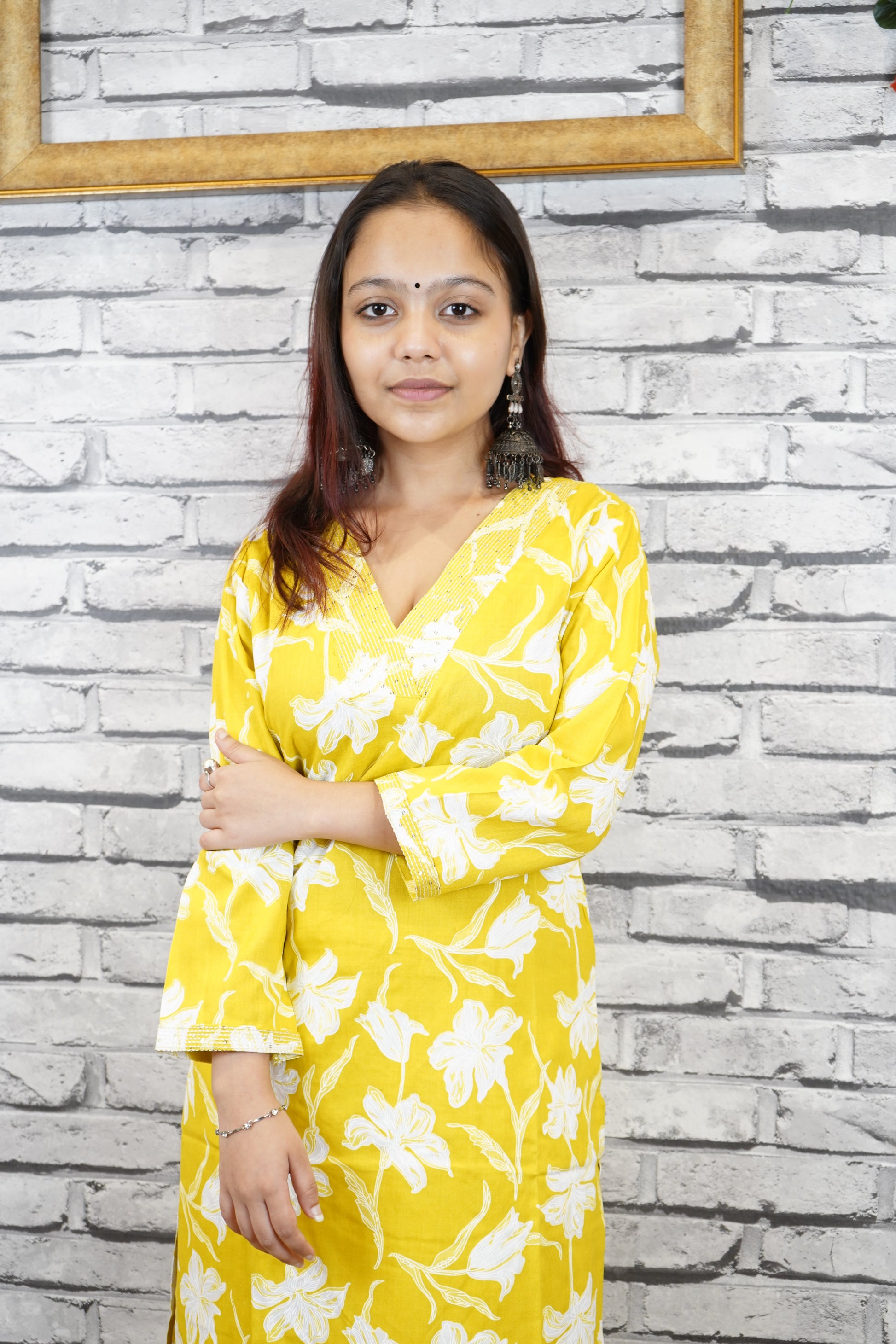 Mustard Yellow Cotton Printed Suit Set, Casual Ethnic Wear