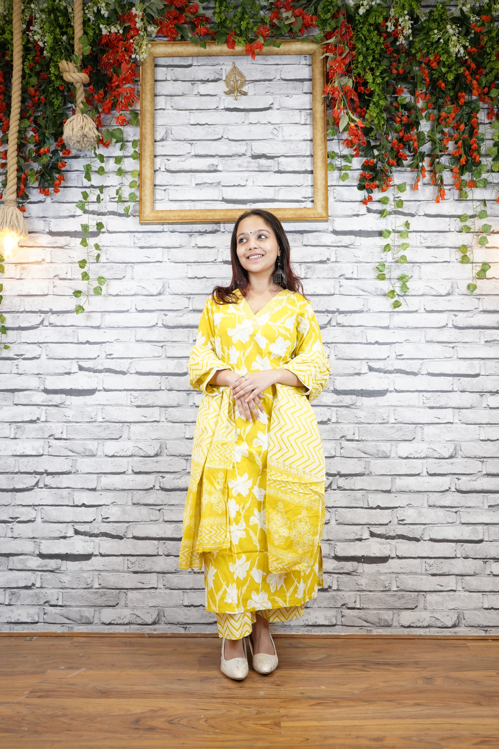 Mustard Yellow Cotton Printed Suit Set, Casual Ethnic Wear