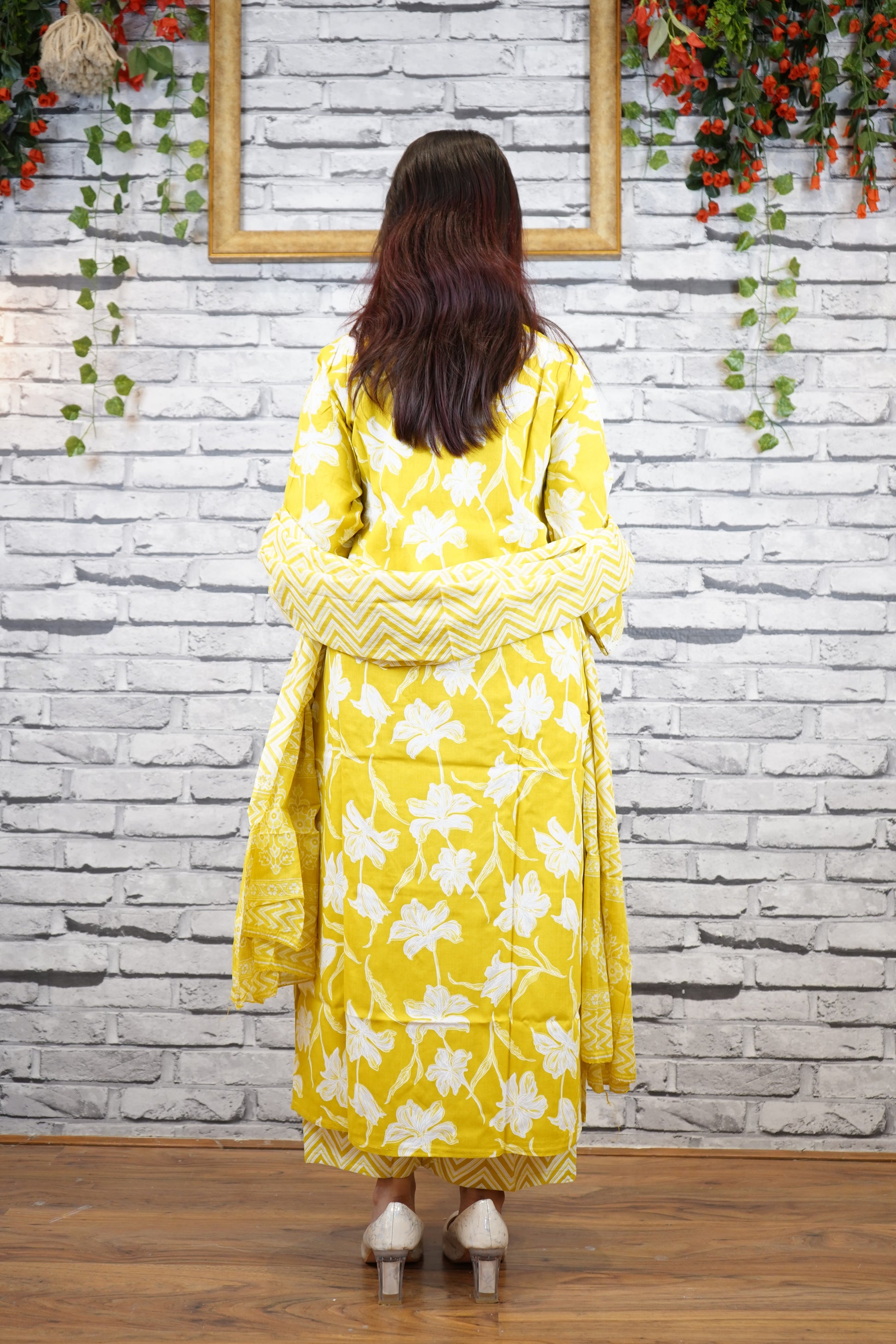 Mustard Yellow Cotton Printed Suit Set, Casual Ethnic Wear