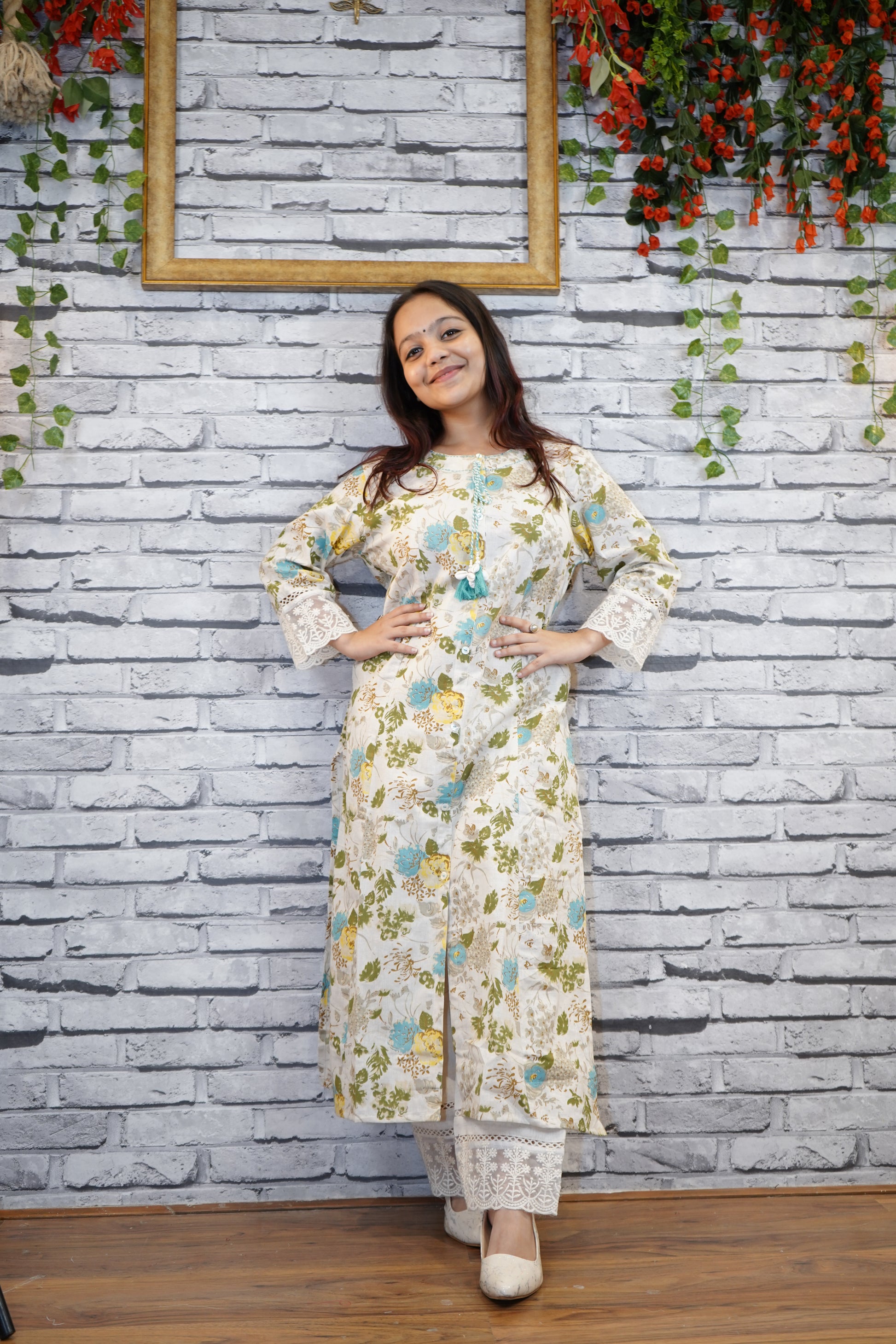Mustard Cotton Floral Suit Set with Hand Embellished Neckline