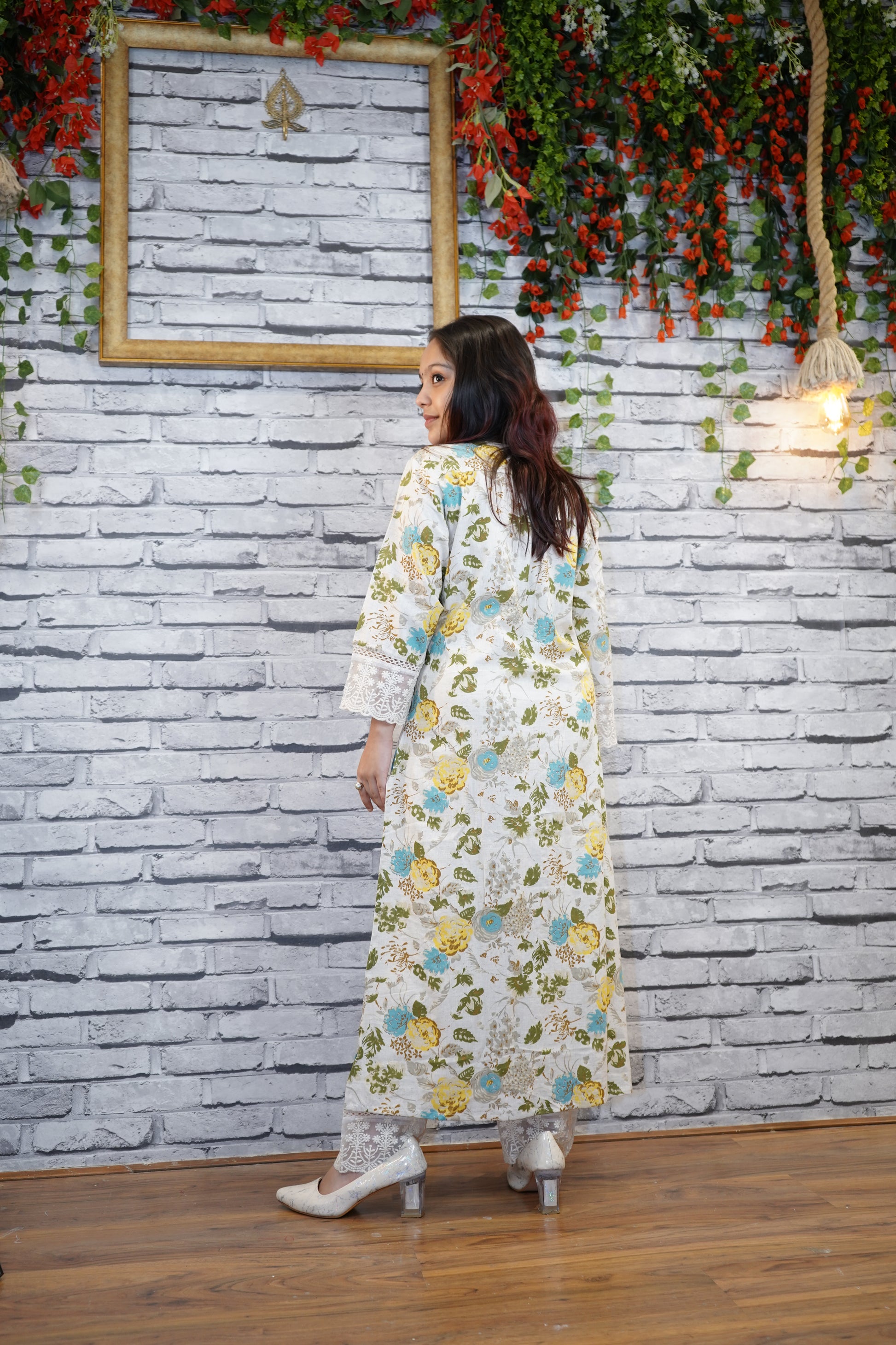 Mustard Cotton Floral Suit Set with Hand Embellished Neckline
