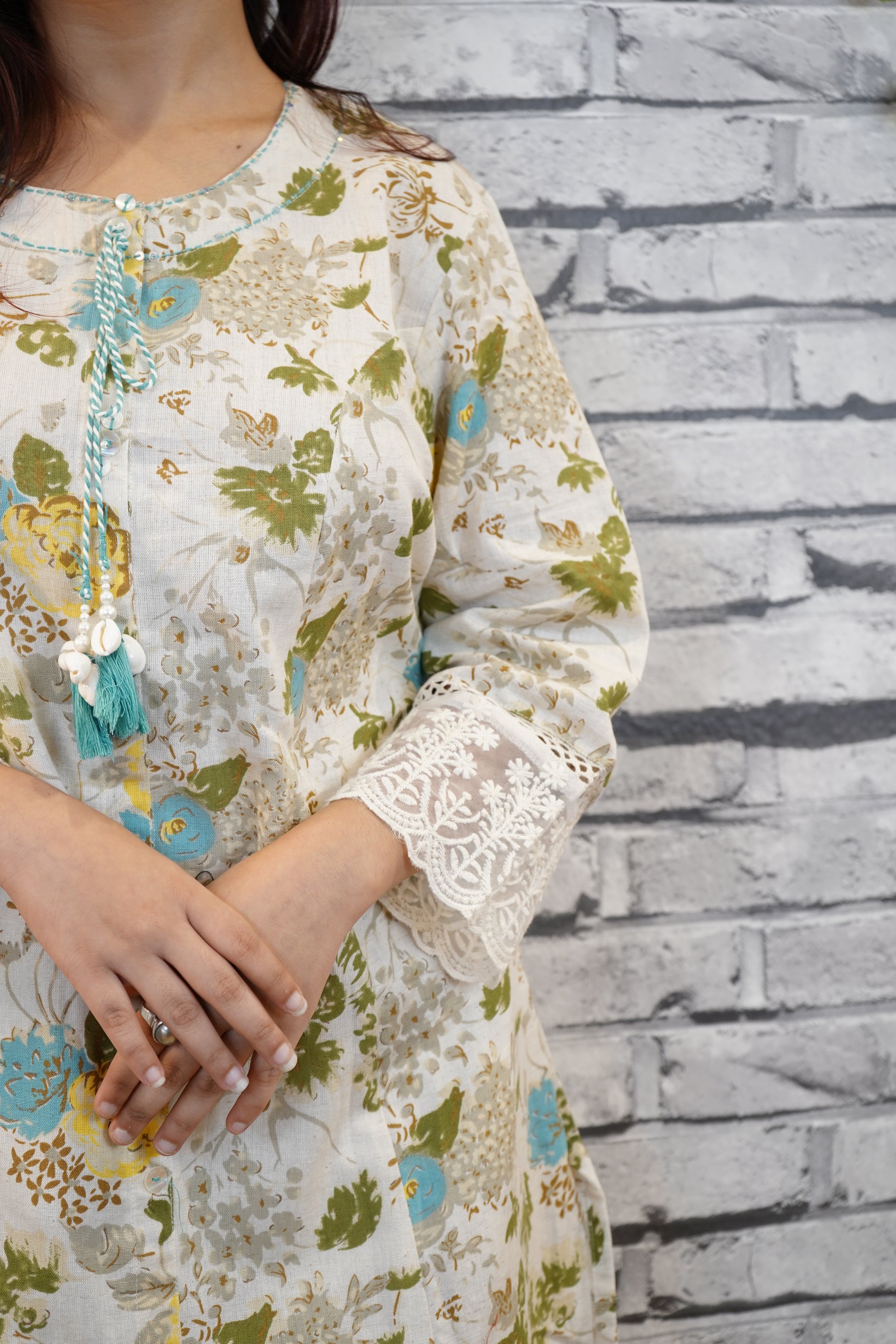 Mustard Cotton Floral Suit Set with Hand Embellished Neckline