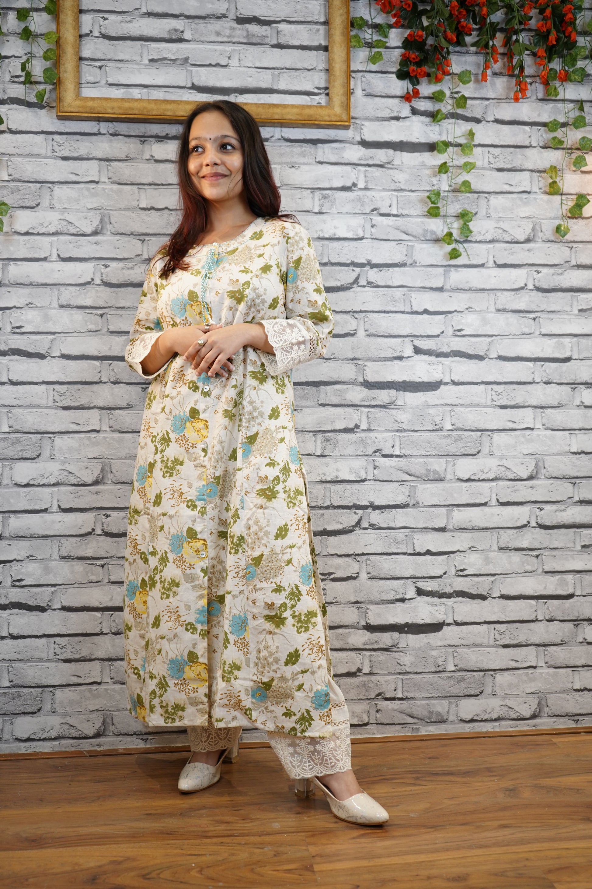 Mustard Cotton Floral Suit Set with Hand Embellished Neckline