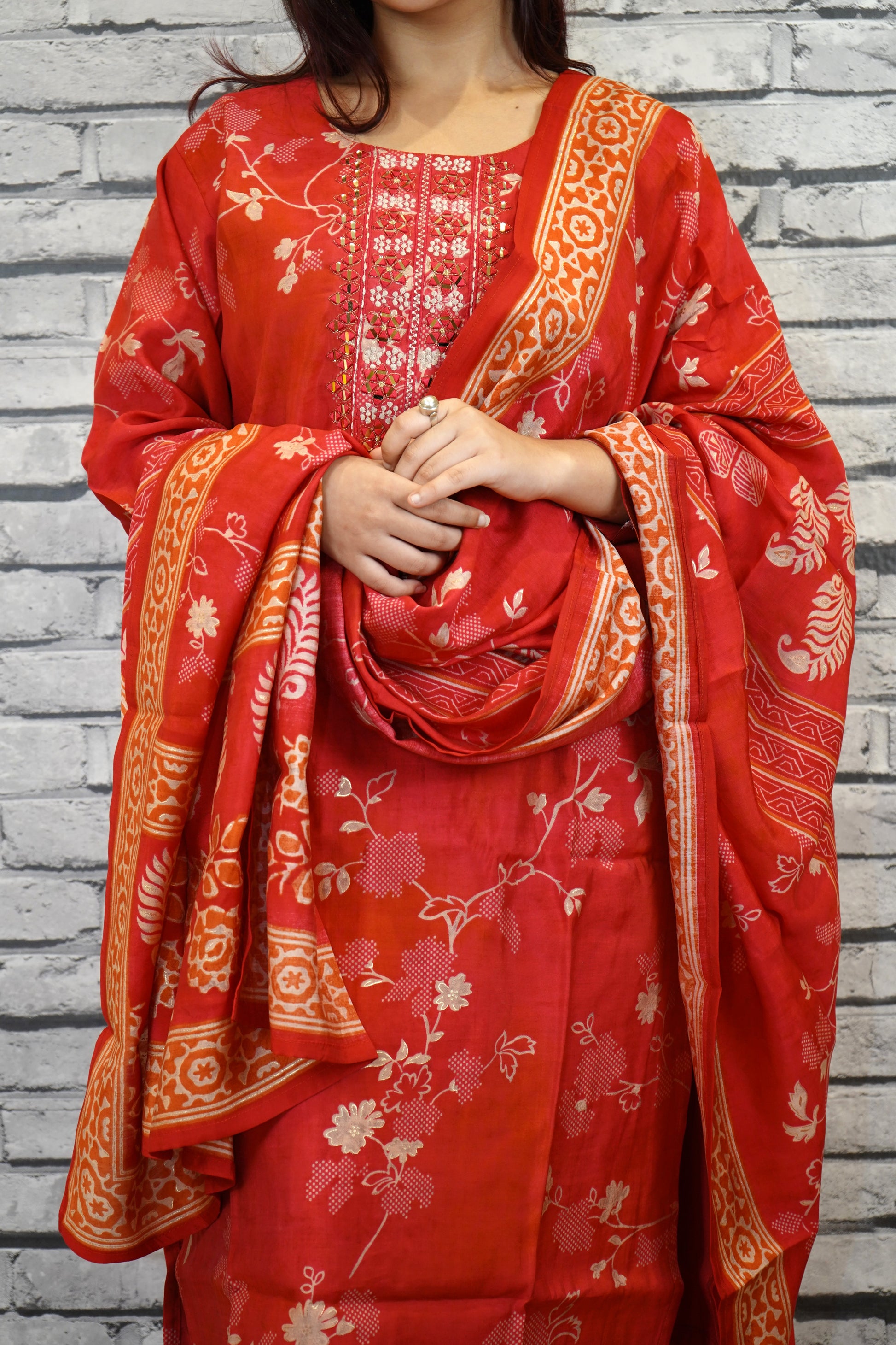 Heavy Rayon Cotton 3 Piece Suit Set with Embellished Neck | Elegant Occasion Wear