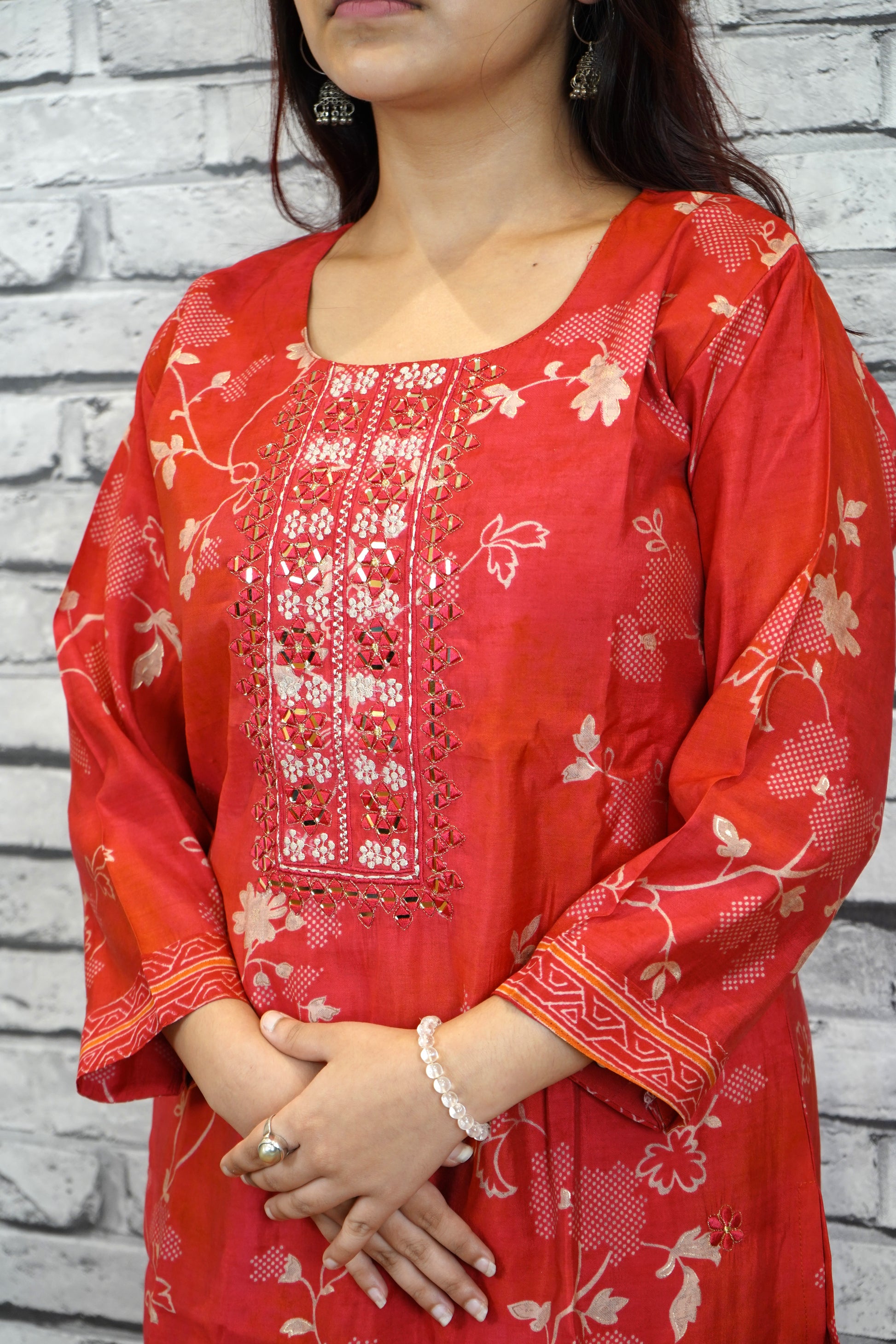 Heavy Rayon Cotton 3 Piece Suit Set with Embellished Neck | Elegant Occasion Wear